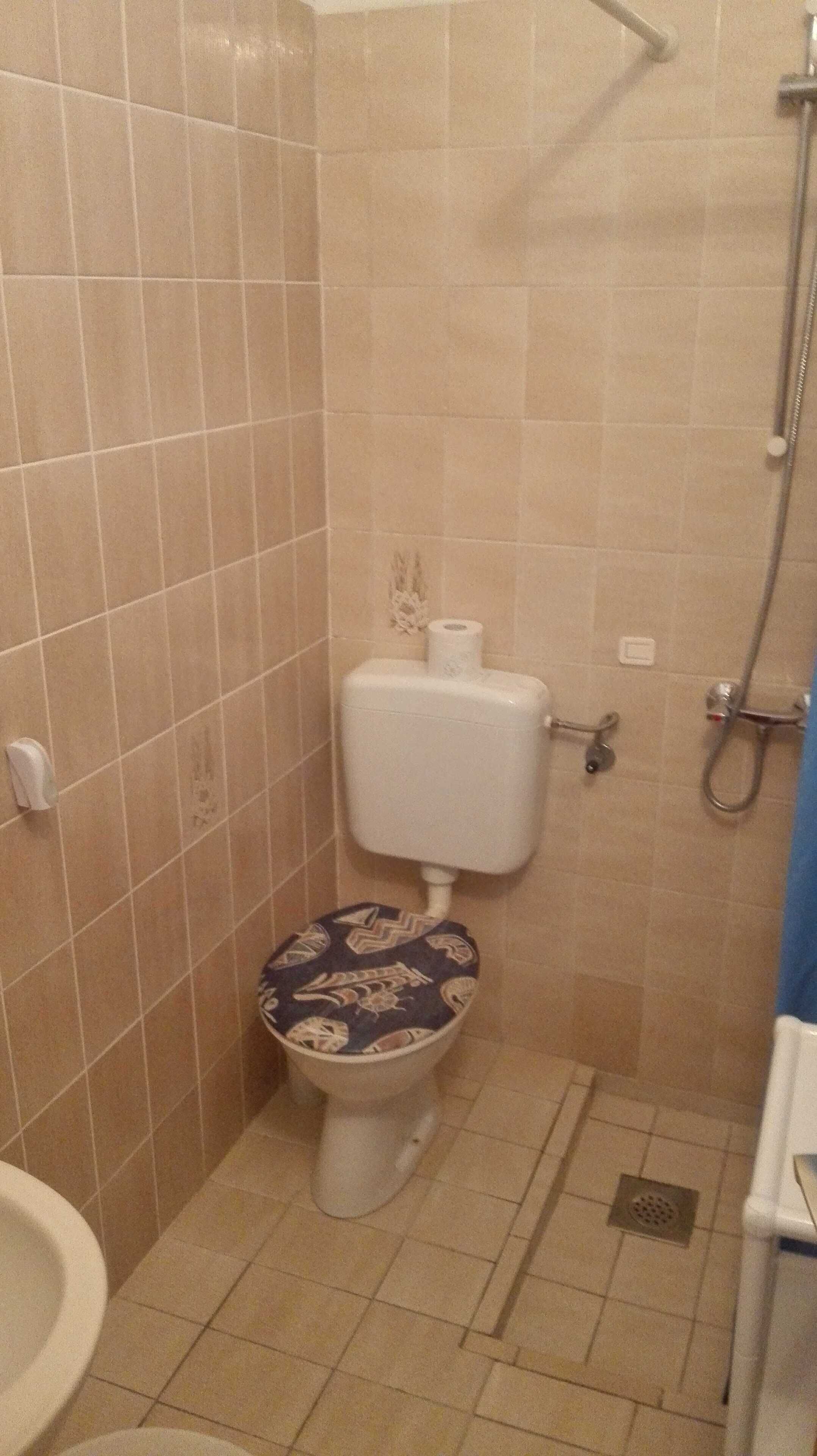 Ein kleines Badezimmer mit Toilette, Bidet und Dusche.