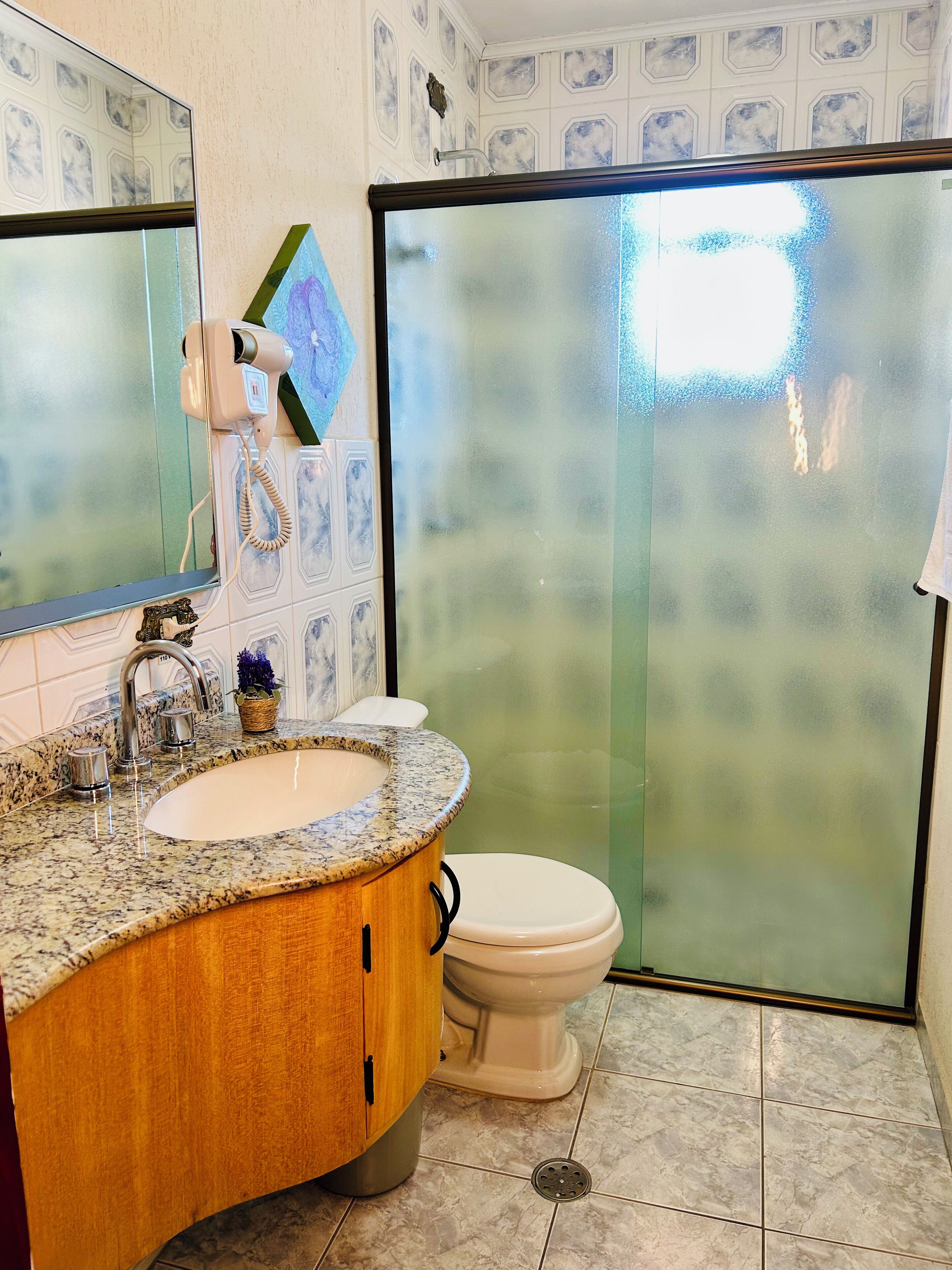 Une salle de bain avec un meuble-lavabo en bois, un évier, des toilettes et une cabine de douche en verre dépoli.