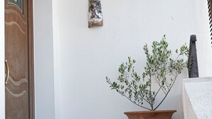 Una planta en maceta sobre una escalera de piedra, una puerta con panel decorativo y una lámpara fijada a la pared.