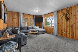 Smart TV, chimenea y libros
