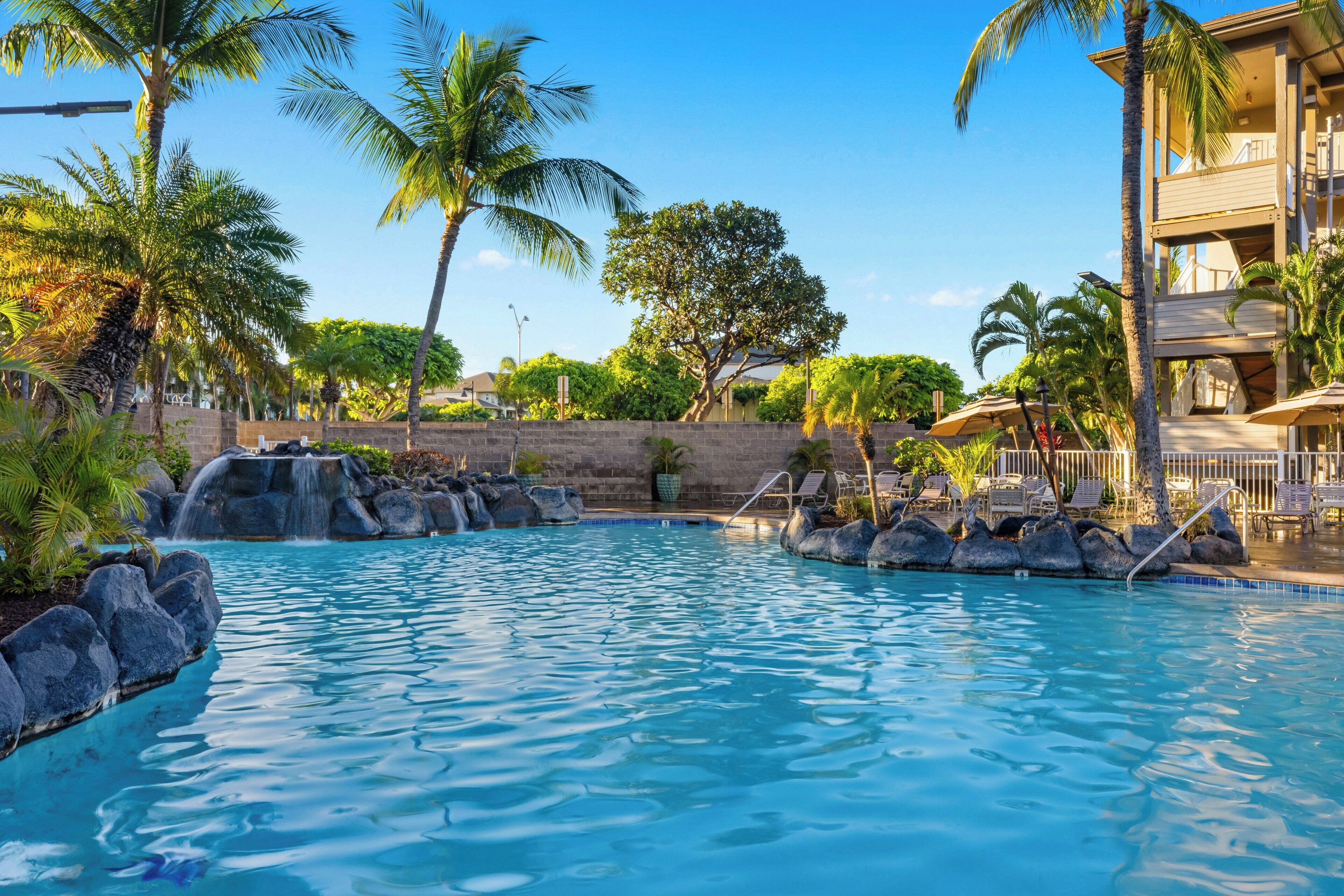 Una piscina con cascada, palmeras y sillas de descanso.