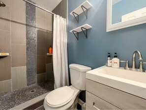 Hair dryer, towels, soap, toilet paper