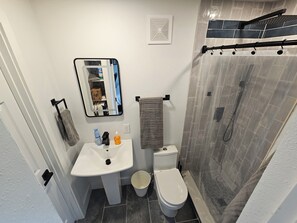 Regadera, secadora de cabello, toallas, jabón 