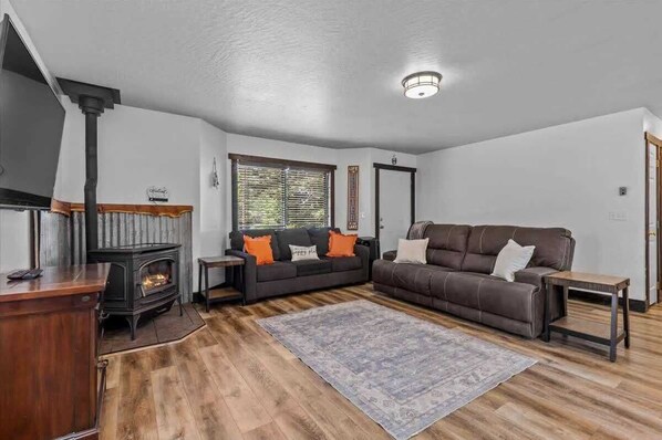 Smart TV, fireplace, books