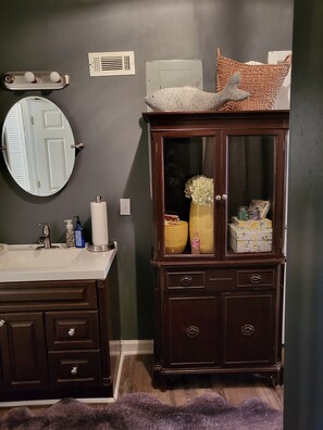 Hair dryer, towels, soap, toilet paper