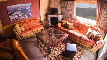 Televisio, takka, työhuone