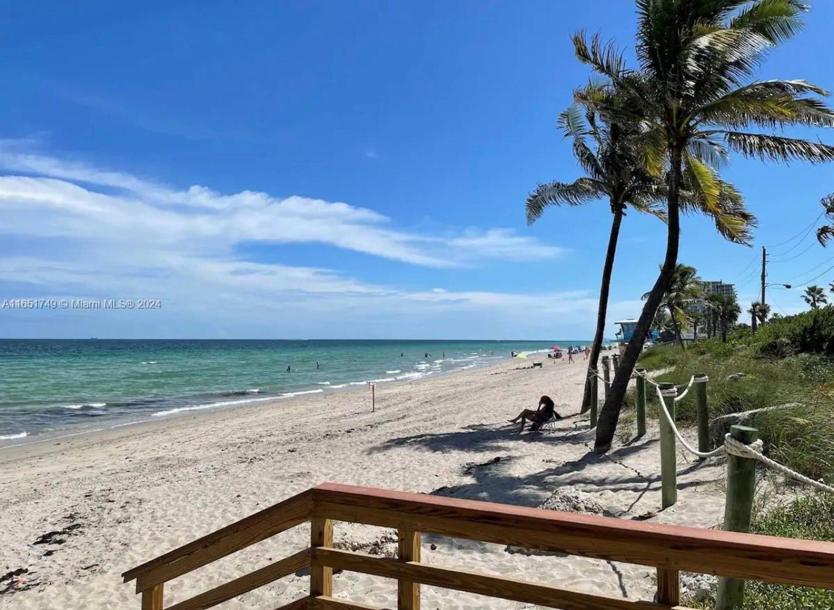 A beach with a wooden walkway leading to the shore, palm trees, and a clear blue sky.