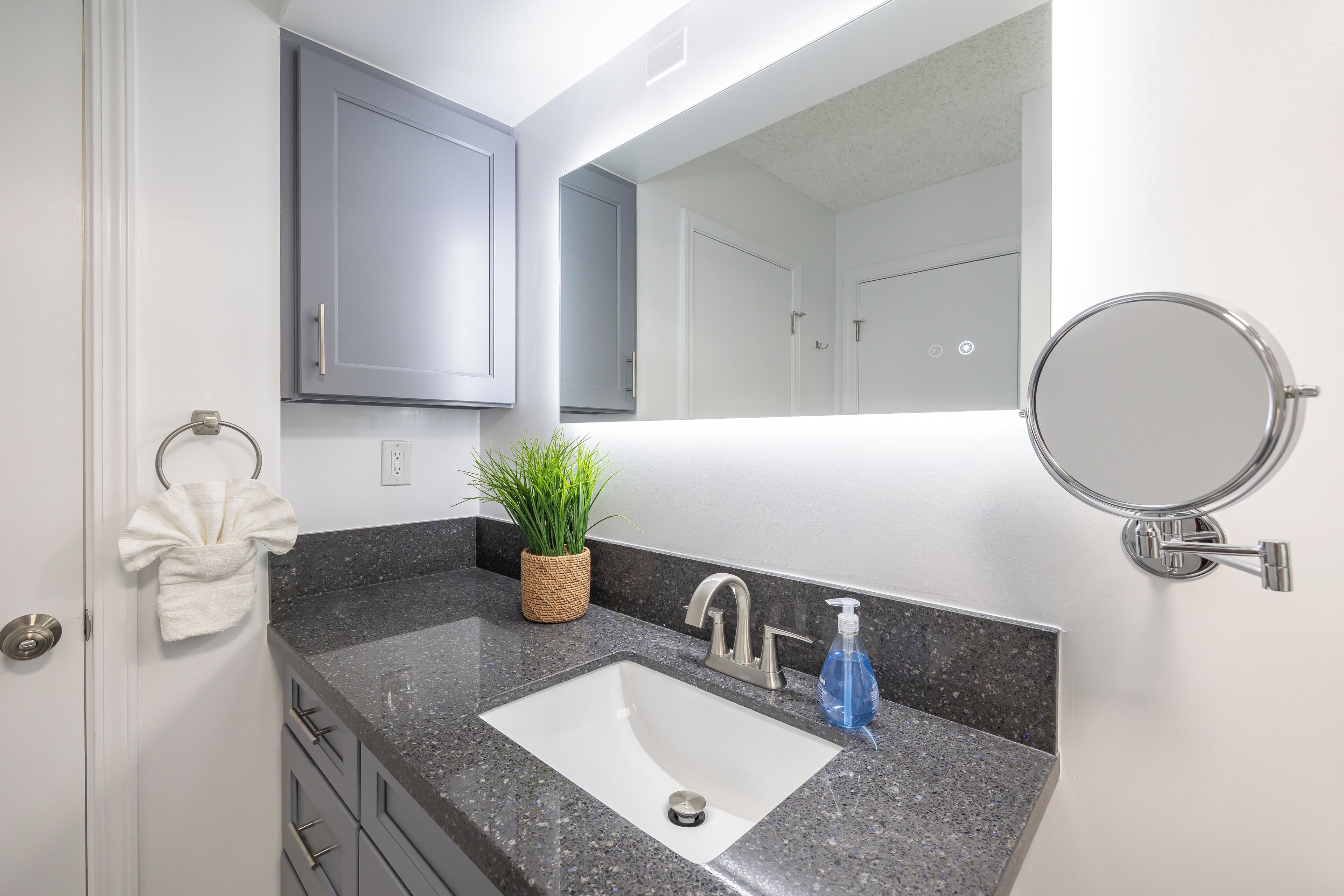 A bathroom with a sink, mirror, towel rack, and potted plant.