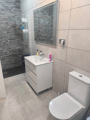 Shower, hair dryer, towels, soap