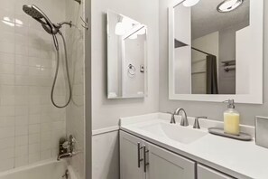Hair dryer, towels, soap, toilet paper