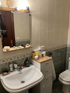 Hair dryer, bidet, towels, soap