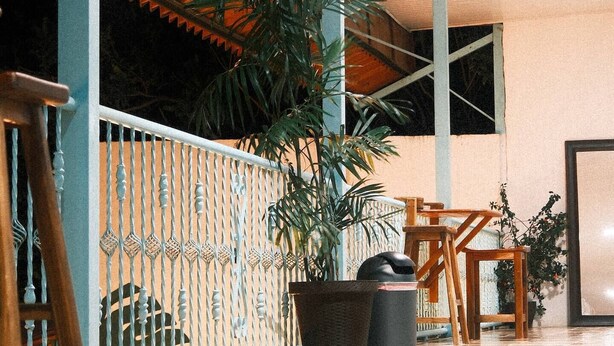 A spacious indoor area with a tiled floor, a metal railing, and several potted plants. - Quadruple Room with View (Moyogalpa)