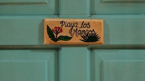 A teal door with a wooden sign that reads "Playa los Mangos" and features a flower and palm leaf illustration. - Quadruple Room with View (Moyogalpa)