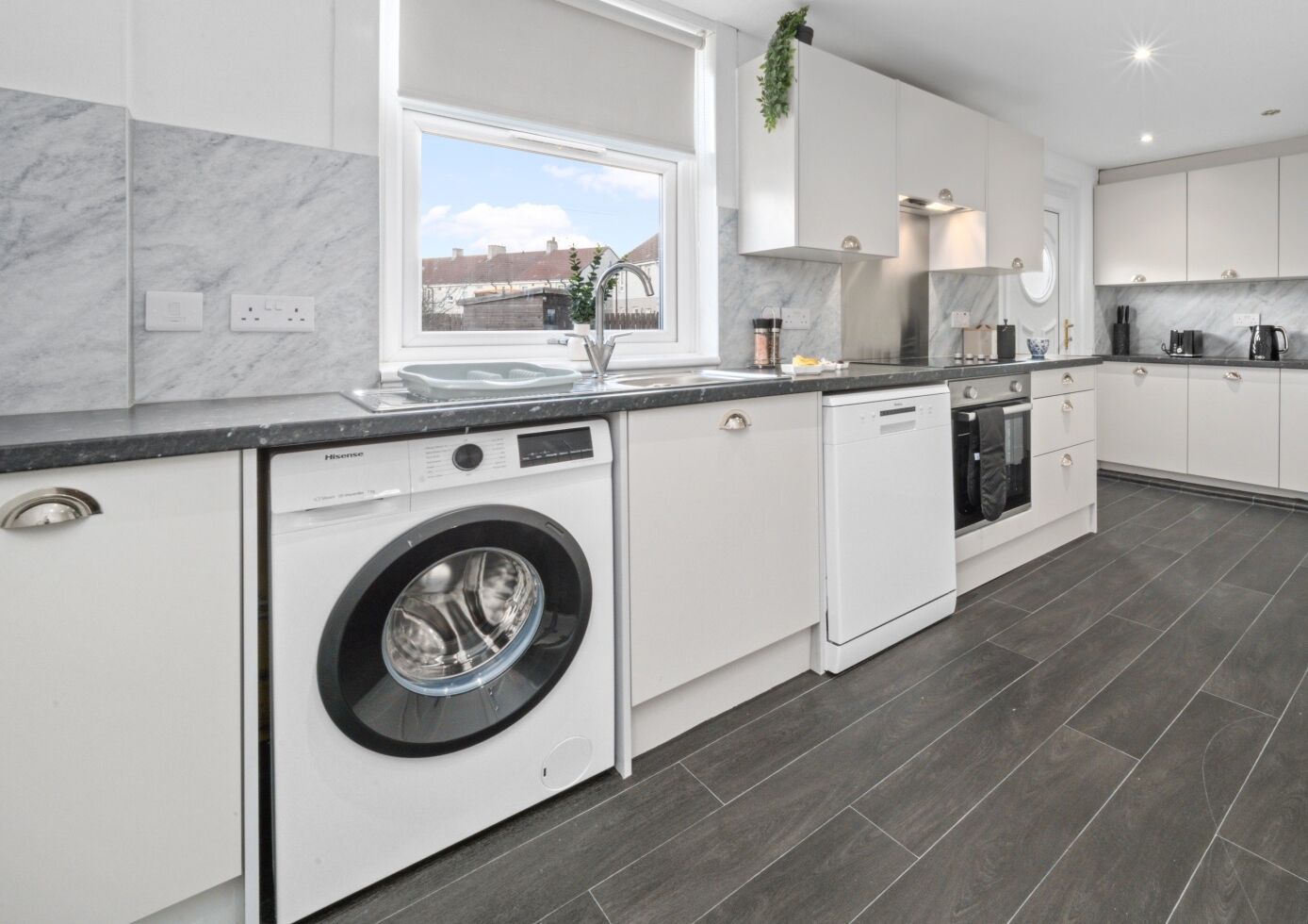 Fridge, microwave, oven, dishwasher