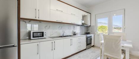 Fridge, microwave, oven, stovetop