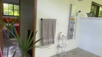 A bathroom with a shower, a towel rack, and a plant.