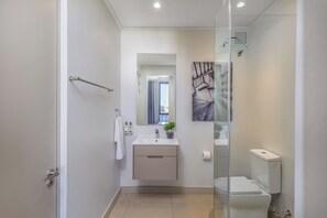 Shower, hair dryer, towels, soap