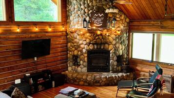 TV connectée, cheminée, lecteur de DVD, livres