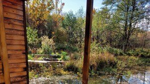 Une terrasse en bois avec une chaise en métal, donnant sur un étang parsemé de nénuphars et entouré d’arbres.