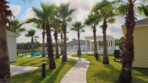 A pathway lined with palm trees leading to a building with a covered patio area. - New Listing!  Oasis Bungalow (Rockport)