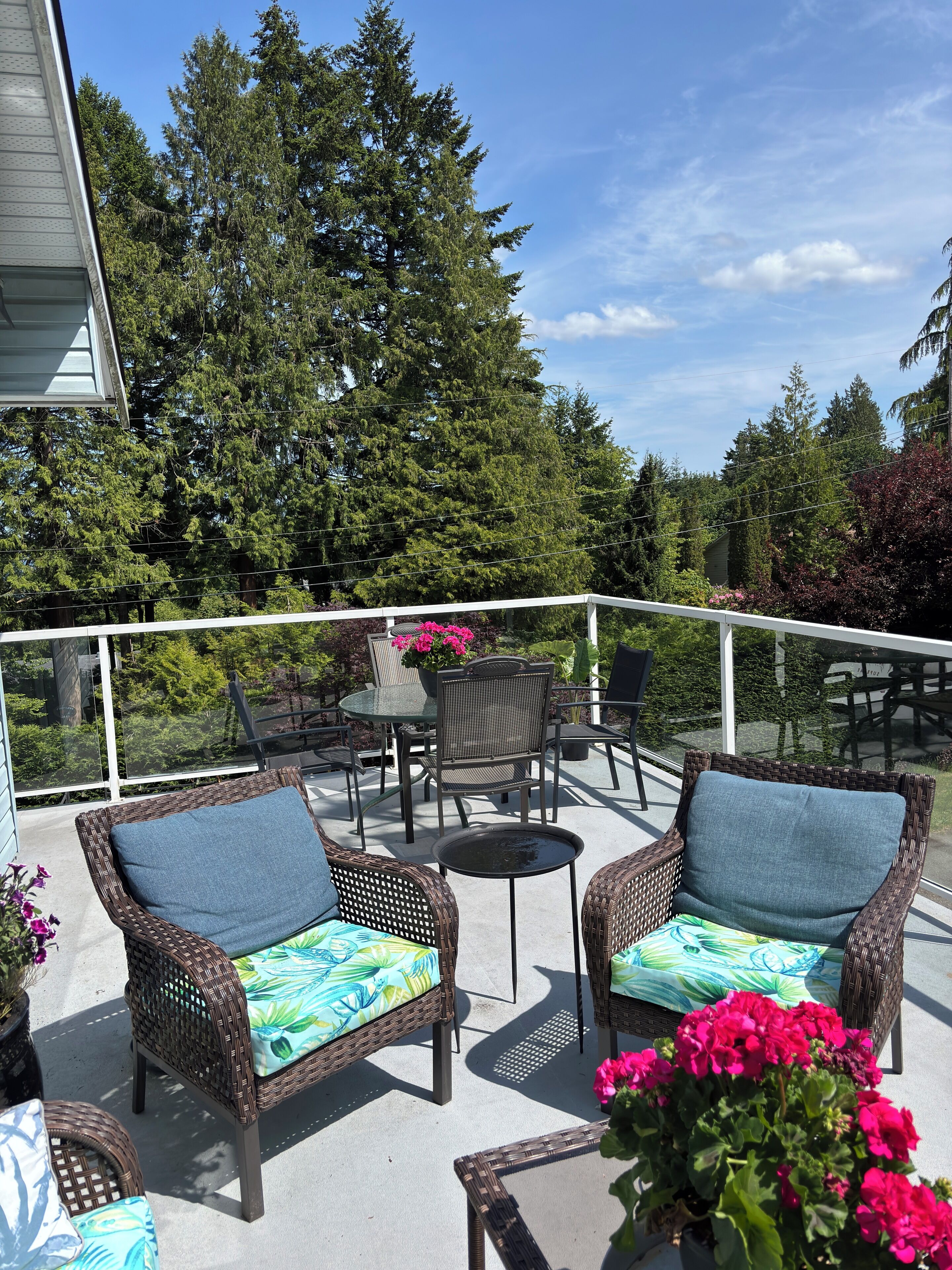 An outdoor patio with wicker furniture, a glass table, and chairs with cushions.