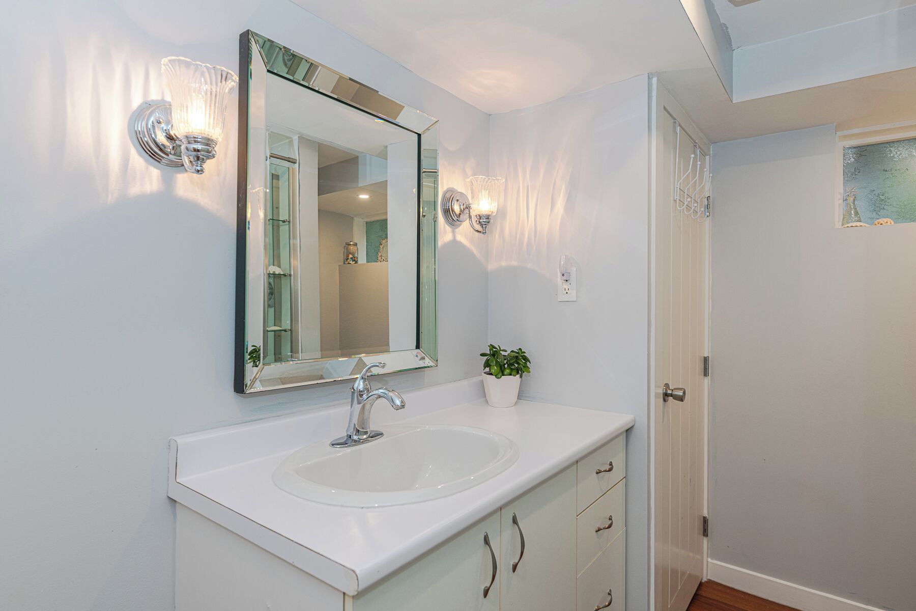 A bathroom with a white sink, a large mirror, and a potted plant.