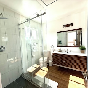 Shower, hair dryer, towels, soap