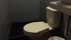 Une petite salle de bain compacte, équipée de toilettes, d’un lavabo et d’une poubelle.