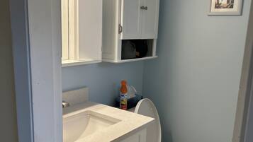 Hair dryer, towels, soap, toilet paper