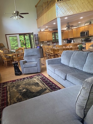 Smart TV, fireplace, books, stereo