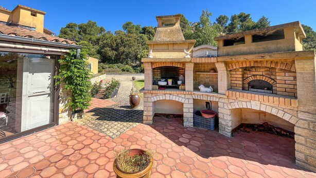 An outdoor patio with a brick oven, a glass door, and a potted plant.