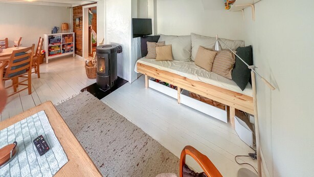 Een gezellige woonkamer met een slaapbank, een open haard, een eethoek met stoelen en een boekenkast.