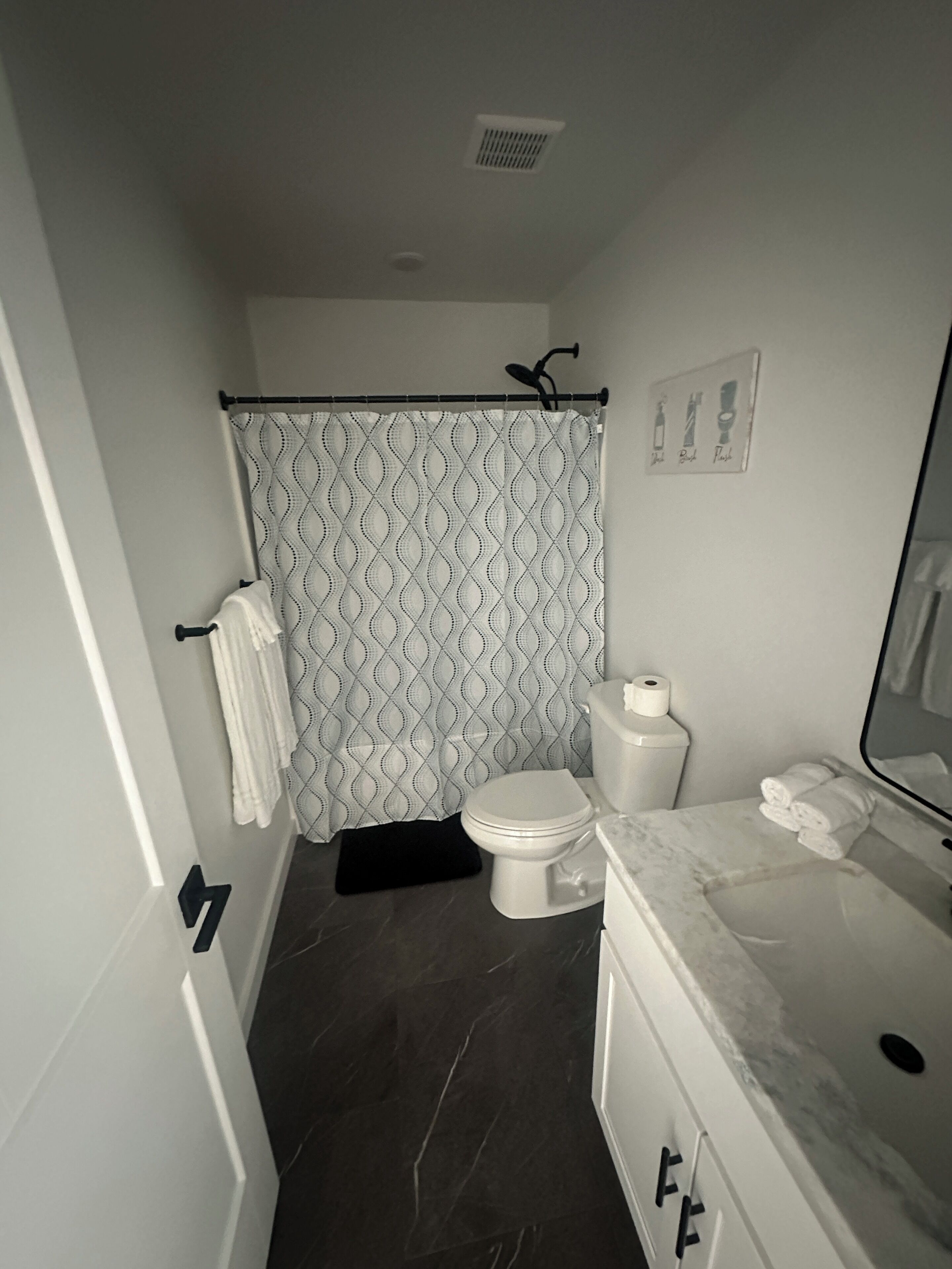 Une salle de bain avec un rideau de douche, des toilettes et un lavabo en marbre.