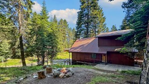 Une cabane avec un toit en métal, entourée d’une forêt. On y trouve un foyer avec des pierres et des bûches.