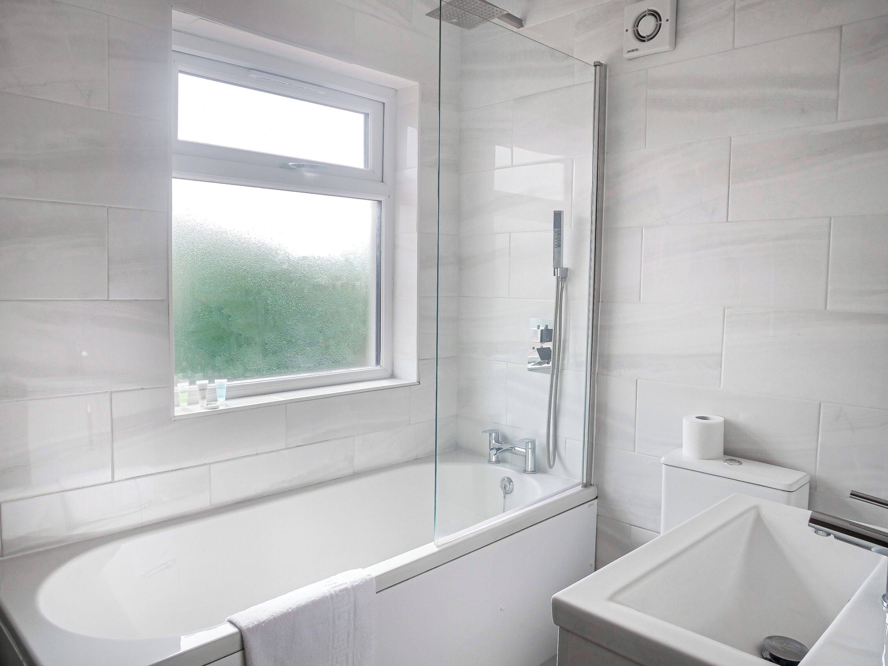 Shower, hair dryer, towels