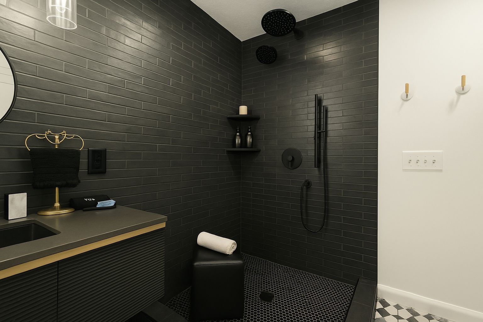 A modern bathroom with a black brick wall, a gold vanity, a black shower, and a white toilet.