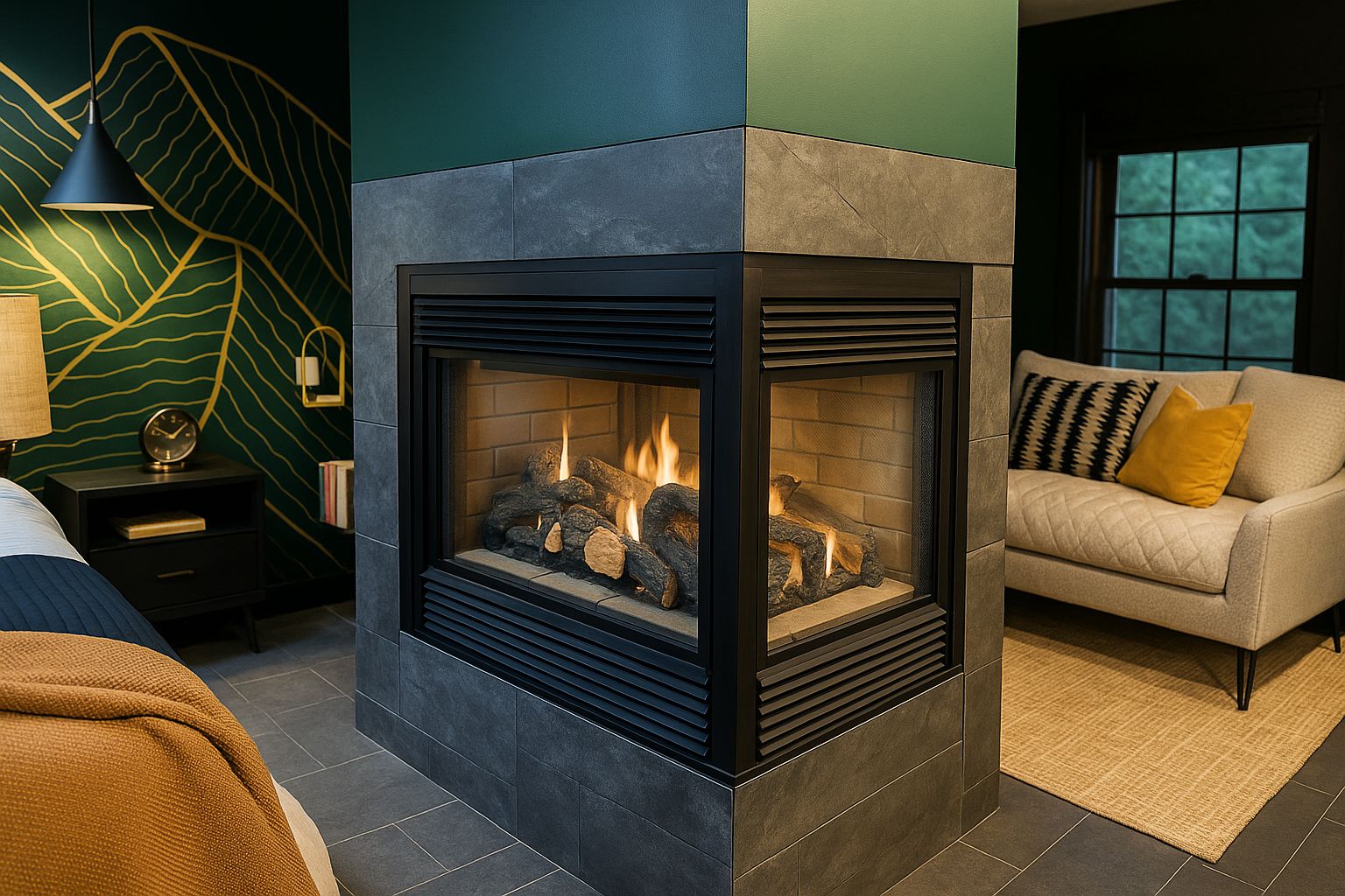 A modern living room with a fireplace, a sofa, and a lamp.