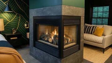A modern living room with a fireplace, a sofa, and a lamp.