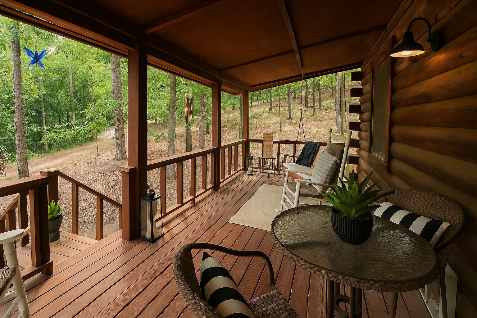 Relax on the screened in porch with plush seating, your go to spot for morning coffee and peaceful moments in Eureka Springs.