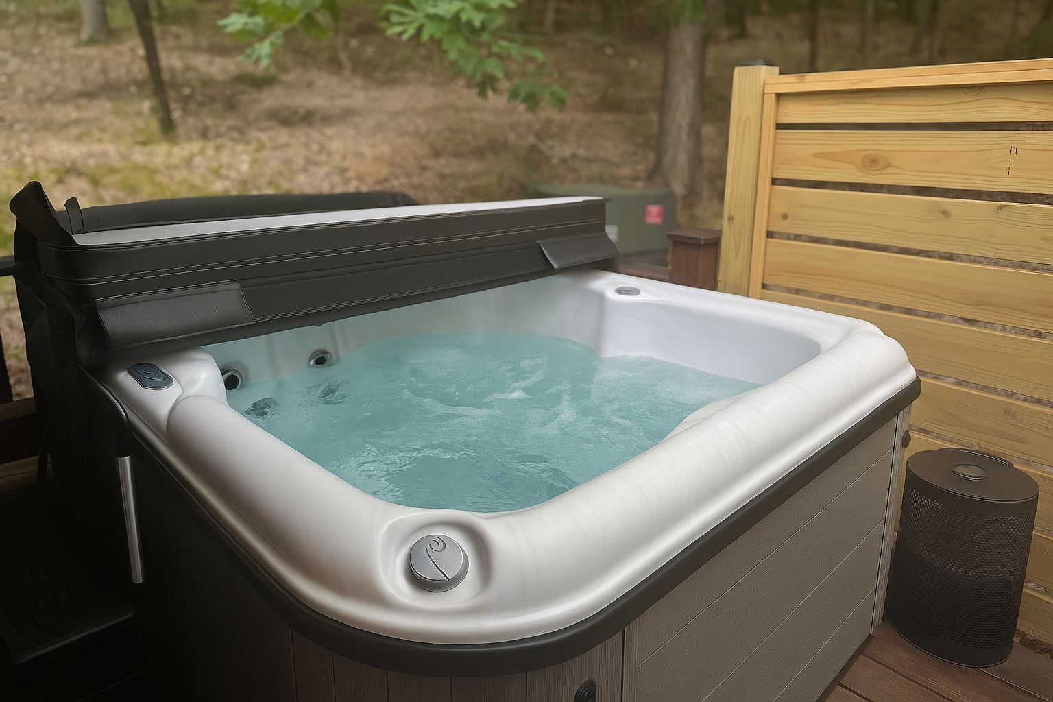 A hot tub with a wooden deck and a trash can nearby.