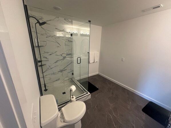 Een moderne badkamer met een douche met glazen wand, toilet en wastafel.