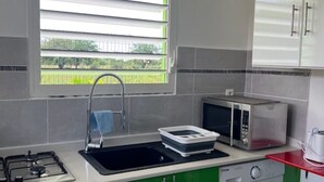 Een kleine keuken met een gasfornuis, gootsteen, magnetron en een wasmachine.