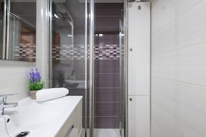 Een moderne badkamer met een douchecabine van glas, een witte wastafel en een kleine potplant.