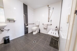 Hair dryer, towels, soap, shampoo