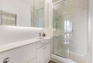 Shower, hair dryer, towels