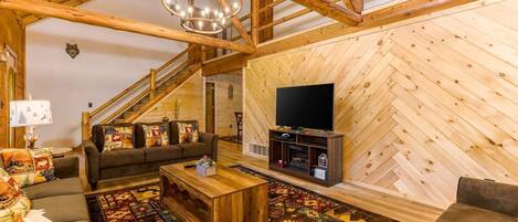 Smart TV, fireplace, video games, DVD player