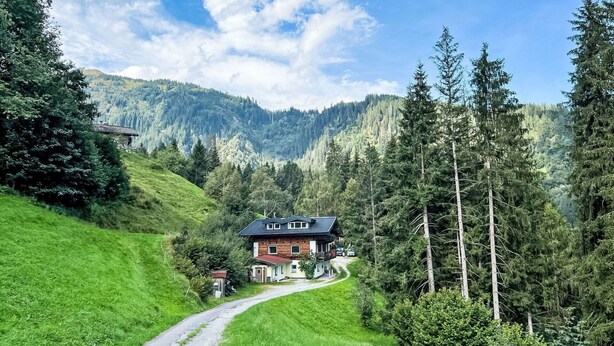 A house with a sloped roof, surrounded by lush green hills and tall pine trees.