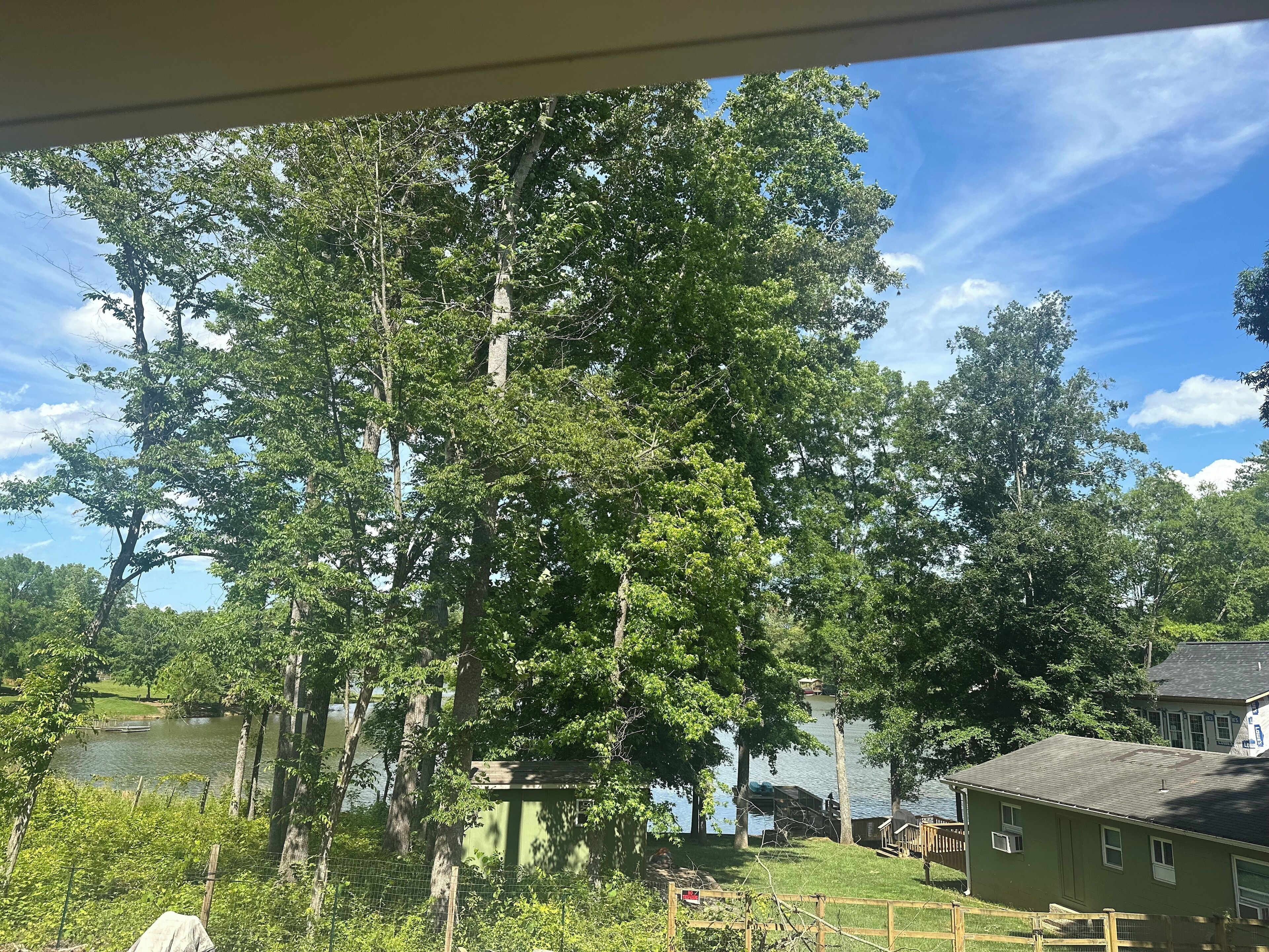A view of a lake surrounded by trees and a house with a dock.