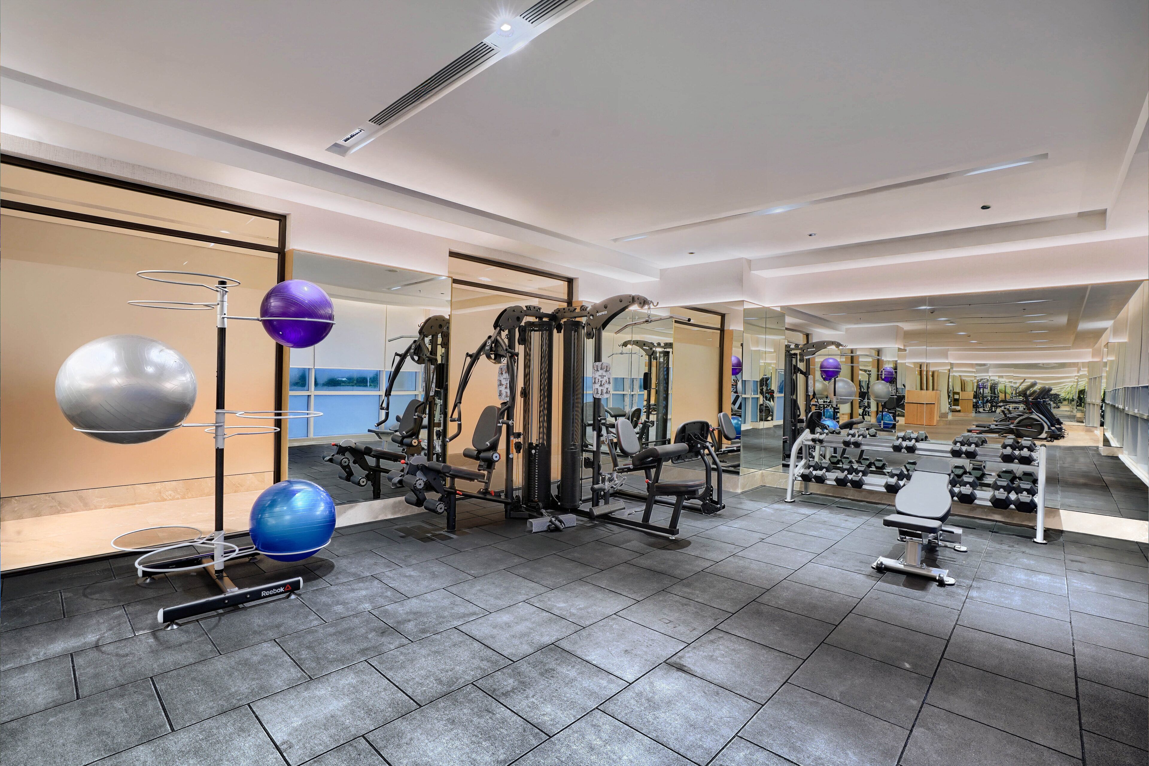 Ein modernes Fitnessstudio mit verschiedenen Trainingsgeräten, darunter Kraftgeräte und Kurzhanteln, sowie einer Bank.