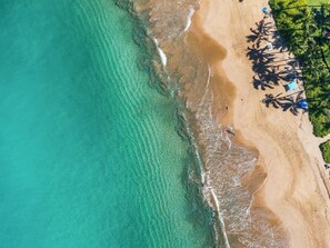 Vista aérea de una playa con agua turquesa cristalina, una orilla arenosa y algunas palmeras.